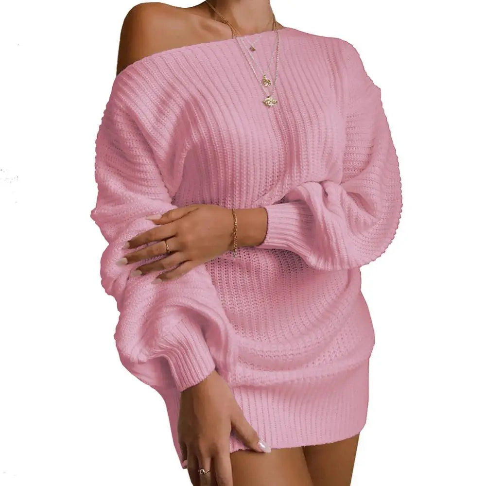 Womens Dresses Spring Fashion Cold Shoulder Lantern Sleeve Casual Plain Long Sleeve Daily Mini Knit Sweater Dress Woman Clothing